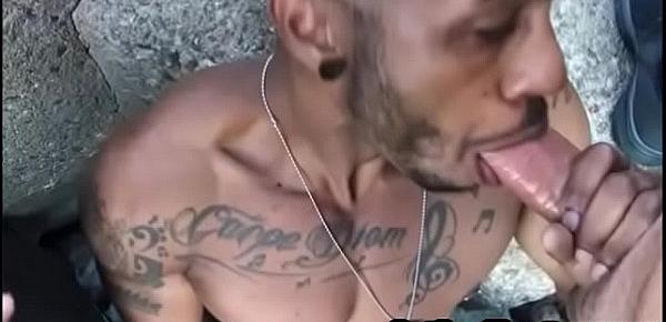  Tatted Latin Fucked bareback outdoors by two uncut cocks- LatinoHunter.com
